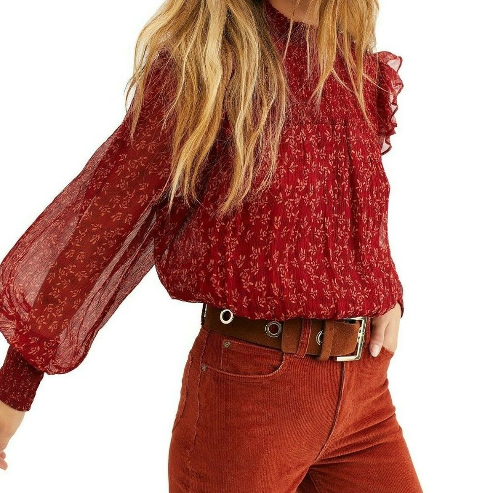 Free People Blouse Roma Red Floral Print Small - Picture 1 of 16